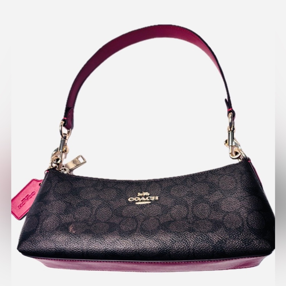 COACH Charlotte Shoulder Bag In Signature Canvas (CX810)Gold/Walnut/Bold-Red - Picture 2 of 14